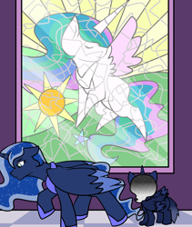 Size: 1600x1900 | Tagged: safe, artist:jolliapplegirl, imported from derpibooru, princess celestia, princess luna, oc, oc:desert moon, alicorn, hybrid, original species, pony, sphinx, female, filly, foal, implied death, interspecies offspring, mare, next generation, offspring, parent:oc:asra, parent:princess luna, parents:canon x oc, stained glass, story included, window