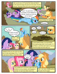 Size: 612x792 | Tagged: safe, artist:newbiespud, edit, edited screencap, imported from derpibooru, screencap, applejack, fluttershy, pinkie pie, rainbow dash, spike, twilight sparkle, dragon, earth pony, pegasus, pony, unicorn, comic:friendship is dragons, comic, dialogue, female, flying, freckles, hat, hole, looking back, looking up, male, mare, mud, on back, screencap comic, slit eyes, slit pupils, unicorn twilight