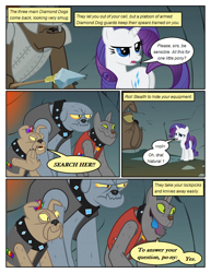 Size: 612x792 | Tagged: safe, artist:newbiespud, edit, edited screencap, imported from derpibooru, screencap, fido, rarity, rover, spot, diamond dog, pony, unicorn, comic:friendship is dragons, clothes, collar, comic, dialogue, female, gem, guard, male, mare, screencap comic, spear, spiked collar, vest, weapon