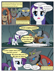 Size: 612x792 | Tagged: safe, artist:newbiespud, edit, edited screencap, imported from derpibooru, screencap, fido, rarity, rover, spot, diamond dog, pony, unicorn, comic:friendship is dragons, clothes, collar, comic, crate, dialogue, female, gem, male, mare, screencap comic, spiked collar, vest