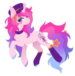 Size: 1398x1408 | Tagged: safe, artist:doekitty, imported from derpibooru, oc, oc only, oc:shooting star, pony, clothes, ear piercing, earring, hat, heart, jewelry, piercing, simple background, smiling, socks, solo, stars, transparent background