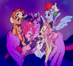 Size: 1578x1428 | Tagged: safe, artist:littmosa, imported from derpibooru, applejack, fluttershy, pinkie pie, rainbow dash, rarity, twilight sparkle, alicorn, earth pony, pegasus, pony, unicorn, the last problem, alternate hairstyle, colored sketch, female, grey hair, group hug, hat, hug, mane six, mantle, mare, night, princess twilight 2.0, sketch, smiling, spoiler, stars, twilight sparkle (alicorn), winghug