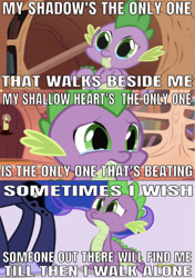 Size: 640x909 | Tagged: safe, edit, edited screencap, editor:undeadponysoldier, imported from derpibooru, screencap, princess luna, spike, alicorn, dragon, pony, owl's well that ends well, spike at your service, boulevard of broken dreams, caption, crying, female, golden oaks library, green day, image macro, male, mare, sad, song reference, text