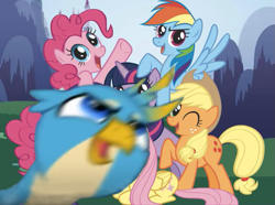 Size: 813x606 | Tagged: safe, edit, imported from derpibooru, applejack, fluttershy, gallus, pinkie pie, rainbow dash, rarity, twilight sparkle, griffon, the ending of the end, leak, mane six, mane six opening poses, meme, photobomb, photobombing gallus