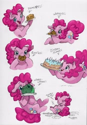 Size: 2383x3423 | Tagged: safe, artist:dilarus, artist:jessi_lionheart, deleted from derpibooru, imported from derpibooru, pinkie pie, earth pony, pony, cake, candle, collaboration, cookie, dialogue, female, food, jello, jelly, mare, pancakes, ponk, simple background, stomach ache, this ended in pain, traditional art, tummy ache, waffle, white background