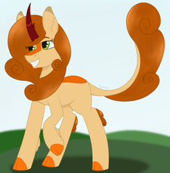 Size: 1858x1895 | Tagged: safe, artist:dyonys, imported from derpibooru, oc, oc only, oc:pumpkin soup, kirin, female, kirin oc, raised hoof, raised tail, simple background, smiling, solo, tail