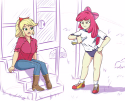 Size: 2834x2282 | Tagged: safe, artist:sumin6301, imported from derpibooru, apple bloom, applejack, human, equestria girls, apple bloom's bow, apple sisters, bow, buruma, clothes, drink, duo, duo female, female, hair bow, pants, shirt, shoes, siblings, sisters, sneakers, sports panties, waiting, watch, workout outfit, wristwatch