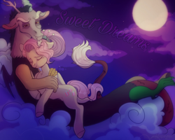 Size: 4096x3284 | Tagged: safe, artist:jeffapegas, imported from derpibooru, discord, fluttershy, draconequus, pegasus, pony, the last problem, female, male, mare, older, older fluttershy, sleeping