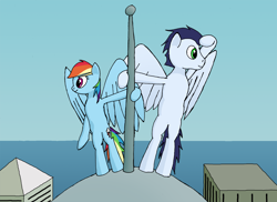 Size: 1486x1080 | Tagged: safe, artist:soks777, imported from derpibooru, rainbow dash, soarin', pony, bipedal, female, lookout, male, manehattan, mast, rooftop, shipping, soarindash, straight, waterfront