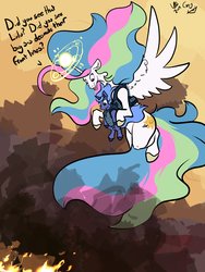 Size: 3072x4096 | Tagged: safe, artist:greyscaleart, imported from derpibooru, princess celestia, princess luna, alicorn, pony, alternate cutie mark, baby carrier, baby talk, constellation freckles, destruction, dialogue, female, filly, fire, flying, foal carrier, glowing horn, gun, halo, horn, magic, mood whiplash, royal sisters, smoke, sun, this will end in ptsd, war, weapon, woona, younger