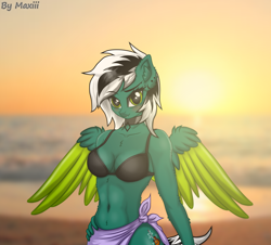 Size: 3128x2828 | Tagged: safe, artist:maxiclouds, imported from derpibooru, oc, oc only, anthro, pegasus, beach, belly button, bikini, bikini top, blushing, breasts, clothes, collar, ear piercing, female, looking at you, piercing, sarong, smiling, solo, sunset, swimsuit