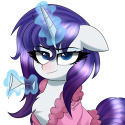 Size: 1024x1024 | Tagged: safe, artist:vale-bandicoot96, imported from derpibooru, rarity, pony, unicorn, bathrobe, chest fluff, clothes, cute, female, floppy ears, glass, looking at you, magic, mare, robe, simple background, solo, telekinesis, wet mane, white background