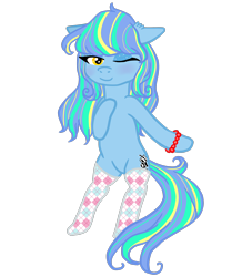 Size: 2086x2396 | Tagged: safe, artist:ponyrasmeii, imported from derpibooru, oc, oc only, oc:double flip, earth pony, pony, bedroom eyes, bipedal, bracelet, clothes, eyeshadow, female, jewelry, makeup, mare, multicolored hair, one eye closed, raised hoof, simple background, socks, solo, stockings, thigh highs, transparent background, wink