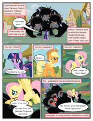 Size: 612x792 | Tagged: safe, artist:newbiespud, edit, edited screencap, imported from derpibooru, screencap, applejack, cerberus (character), fluttershy, twilight sparkle, cerberus, earth pony, pegasus, pony, unicorn, comic:friendship is dragons, building, collar, comic, dialogue, drool, eyes closed, female, freckles, good boy, hat, mare, multiple heads, on back, screencap comic, spiked collar, three heads, unicorn twilight