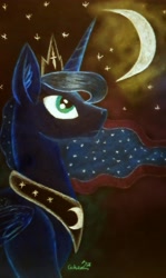 Size: 2979x4986 | Tagged: safe, artist:cahandariella, imported from derpibooru, princess luna, alicorn, pony, ethereal mane, female, jewelry, looking up, mare, moon, night, regalia, stars, traditional art