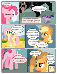 Size: 612x792 | Tagged: safe, artist:newbiespud, edit, edited screencap, imported from derpibooru, screencap, applejack, cerberus (character), fluttershy, pinkie pie, twilight sparkle, cerberus, pony, unicorn, comic:friendship is dragons, comic, dialogue, eyes closed, female, freckles, glowing horn, hat, horn, mare, multiple heads, running, screencap comic, three heads, unicorn twilight