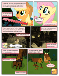 Size: 612x792 | Tagged: safe, artist:newbiespud, edit, edited screencap, imported from derpibooru, screencap, applejack, fluttershy, granny smith, earth pony, pegasus, pony, timber wolf, comic:friendship is dragons, clothes, comic, dialogue, exclamation point, eyes closed, female, freckles, glowing eyes, hat, headscarf, howling, implied pinkie pie, interrobang, mare, marionette, offscreen character, question mark, roar, scarf, screencap comic, surprised, young granny smith, younger