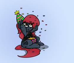 Size: 1045x903 | Tagged: safe, artist:n-o-n, imported from derpibooru, oc, oc:jessi-ka, birthday, birthday gift, chibi, confetti, give her the dick, happy, hat, party hat