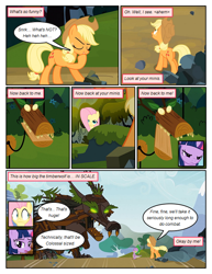 Size: 612x792 | Tagged: safe, artist:newbiespud, edit, edited screencap, imported from derpibooru, screencap, applejack, fluttershy, spike, twilight sparkle, dragon, earth pony, pegasus, pony, timber wolf, unicorn, comic:friendship is dragons, comic, dialogue, female, freckles, glowing eyes, hat, looking up, male, mare, marionette, screencap comic, shocked, unicorn twilight