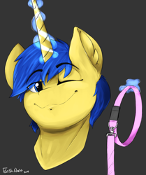 Size: 2073x2484 | Tagged: safe, artist:flashnoteart, imported from derpibooru, oc, oc only, oc:arctic lance, pony, unicorn, bust, collar, leash, magic, one eye closed, portrait, simple background, smiling, smirk, solo, wink