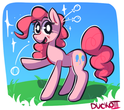 Size: 654x578 | Tagged: safe, artist:duckoiii, imported from derpibooru, pinkie pie, earth pony, pony, balloon, cute, diapinkes, female, looking at you, mare, open mouth, smiling, solo, white pupils