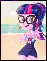 Size: 1191x1536 | Tagged: safe, artist:artmlpk, imported from derpibooru, sci-twi, twilight sparkle, equestria girls, equestria girls series, adorable face, adorkable, beach, clothes, cute, dork, female, hips, solo, sun, swimsuit, twiabetes