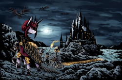 Size: 2311x1525 | Tagged: safe, artist:artguydis, imported from derpibooru, oc, oc:rosa maledicta, pony, skeleton pony, undead, equestria at war mod, army of darkness, bone, castle, dread league, necromancer, scenery, skeleton