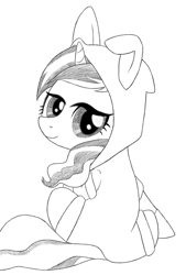 Size: 652x966 | Tagged: artist needed, safe, imported from derpibooru, sweet biscuit, pony, unicorn, /mlp/, animal costume, bunny costume, bunny ears, clothes, costume, dangerous mission outfit, female, goggles, hoodie, looking at you, looking back, looking back at you, mare, monochrome, sitting, smiling, solo