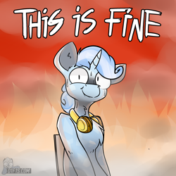 Size: 2560x2560 | Tagged: safe, artist:difis, imported from derpibooru, oc, oc only, oc:snowy charm, crystal pony, pony, unicorn, commission, crystal pony oc, fire, headphones, looking at you, male, meme, smiling, solo, stallion, this is fine, ych result