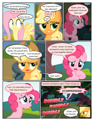 Size: 612x792 | Tagged: safe, artist:newbiespud, edit, edited screencap, imported from derpibooru, screencap, applejack, fluttershy, pinkie pie, earth pony, pegasus, pony, comic:friendship is dragons, comic, dialogue, female, hat, mare, onomatopoeia, screencap comic, tree, unamused, wide eyes