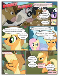 Size: 612x792 | Tagged: safe, artist:newbiespud, edit, edited screencap, imported from derpibooru, screencap, applejack, bessie, fluttershy, twilight sparkle, cow, earth pony, pegasus, pony, unicorn, comic:friendship is dragons, annoyed, comic, dialogue, eyes closed, female, freckles, hat, mare, onomatopoeia, screencap comic, stampede, unamused, unicorn twilight