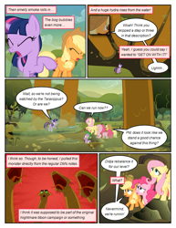 Size: 612x792 | Tagged: safe, artist:newbiespud, edit, edited screencap, imported from derpibooru, screencap, applejack, fluttershy, pinkie pie, spike, twilight sparkle, dragon, earth pony, hydra, pegasus, pony, unicorn, comic:friendship is dragons, comic, coughing, dialogue, eyes closed, female, freckles, hat, looking up, male, mare, multiple heads, raised hoof, screencap comic, unicorn twilight