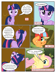 Size: 612x792 | Tagged: safe, artist:newbiespud, edit, edited screencap, imported from derpibooru, screencap, applejack, fluttershy, twilight sparkle, earth pony, pegasus, pony, unicorn, comic:friendship is dragons, comic, dialogue, female, helmet, implied pinkie pie, looking up, mare, mud, running, screencap comic, unicorn twilight