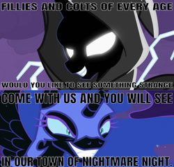 Size: 640x617 | Tagged: safe, edit, edited screencap, editor:undeadponysoldier, imported from derpibooru, screencap, nightmare moon, princess luna, alicorn, pony, luna eclipsed, evil, female, glowing eyes, halloween, holiday, mare, nightmare night, parody, solo, song reference, the nightmare before christmas, this is halloween, white eyes