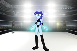 Size: 2800x1863 | Tagged: safe, artist:invisibleink, artist:marcusvanngriffin, artist:vicakukac200, edit, imported from derpibooru, minuette, equestria girls, background human, belly button, boots, clothes, commission, elbow pads, equestria girls-ified, female, intro, introduction, knee pads, midriff, shoes, solo, sports, sports bra, sports panties, spotlight, wrestler, wrestling, wrestling ring