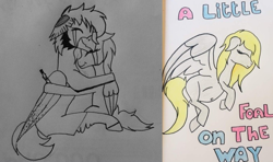 Size: 762x451 | Tagged: safe, artist:lunaluv18, imported from derpibooru, oc, oc:artemis, oc:silverstar, hippogriff, pegasus, pony, belly, belly button, crying, early pregnancy, female, hug, male, pregnancy test, pregnant, tears of joy, traditional art