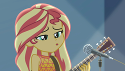 Size: 1898x1080 | Tagged: safe, imported from derpibooru, screencap, sunset shimmer, equestria girls, equestria girls series, let it rain, spoiler:eqg series (season 2), acoustic guitar, beautiful, cute, female, guitar, microphone, microphone stand, musical instrument, shimmerbetes, singing, sleeveless, solo