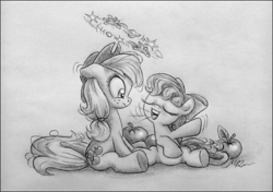 Size: 1100x776 | Tagged: safe, artist:deathcutlet, imported from derpibooru, apple bloom, applejack, earth pony, pony, apple, apple siblings, black and white, bow, circling stars, confused, cowboy hat, dizzy, female, filly, food, grayscale, hair bow, hat, mare, monochrome, open mouth, pencil drawing, sitting, talking, traditional art