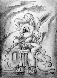 Size: 490x665 | Tagged: safe, artist:deathcutlet, imported from derpibooru, pinkie pie, pony, armor, bipedal, black and white, clothes, grayscale, monochrome, sword, traditional art, weapon