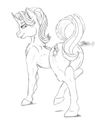 Size: 989x1280 | Tagged: safe, artist:marcushunter, imported from derpibooru, starlight glimmer, pony, unicorn, butt, chest fluff, female, looking at you, looking back, looking back at you, mare, monochrome, plot, signature, smiling, solo, traditional art