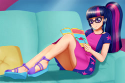 Size: 2256x1504 | Tagged: safe, artist:focusb, imported from derpibooru, sci-twi, twilight sparkle, human, equestria girls, equestria girls series, spring breakdown, spoiler:eqg series (season 2), adorkable, beautiful, clothes, couch, cute, dork, dress, female, glasses, human coloration, legs, magazine, meganekko, ponytail, reading, sandals, schrödinger's pantsu, solo, thighs, upskirt denied