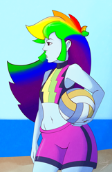 Size: 828x1280 | Tagged: safe, artist:7los7, imported from derpibooru, rainbow dash, equestria girls, equestria girls series, forgotten friendship, ball, belly button, board shorts, clothes, female, shorts, solo, sports, swimsuit, volleyball