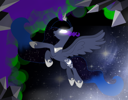 Size: 4299x3360 | Tagged: safe, artist:lunaapple, imported from derpibooru, oc, oc only, oc:blue dream, alicorn, pony, alicorn oc, blank eyes, crystal, dark magic, female, glowing eyes, glowing horn, jewelry, magic, mare, offspring, parent:king sombra, parent:princess luna, parents:lumbra, regalia, solo, sombra eyes, space, spread wings