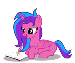 Size: 1200x1000 | Tagged: safe, artist:star-gaze-pony, imported from derpibooru, oc, oc:melody aurora, alicorn, pony, alicorn oc, book, journal, like mother like daughter, like parent like child, lying down, magic, magic aura, offspring, parent:flash sentry, parent:twilight sparkle, parents:flashlight, quill