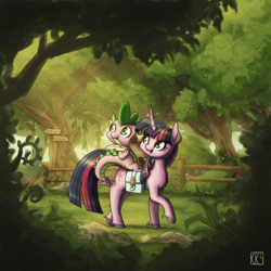 Size: 2000x2000 | Tagged: safe, artist:king-kakapo, imported from derpibooru, spike, twilight sparkle, dragon, pony, unicorn, duo, female, fence, male, mare, outdoors, quill pen, riding, saddle bag, spike riding twilight, tree, unicorn twilight