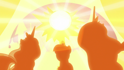 Size: 1920x1080 | Tagged: safe, imported from derpibooru, screencap, princess celestia, princess luna, twilight sparkle, alicorn, pony, the summer sun setback, silhouette, sun, twilight sparkle (alicorn)