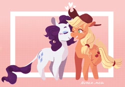 Size: 1280x898 | Tagged: safe, artist:nutter-meg, imported from derpibooru, applejack, rarity, earth pony, pony, unicorn, blushing, cowboy hat, cute, female, freckles, hat, heart, jackabetes, lesbian, mare, raribetes, rarijack, shipping, smiling