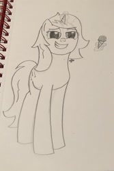 Size: 1372x2048 | Tagged: safe, artist:dafiltafish, imported from derpibooru, oc, oc:stardust, pony, unicorn, female, food, ice cream, looking at you, magic, mare, pencil drawing, smiling, smiling at you, telekinesis, traditional art