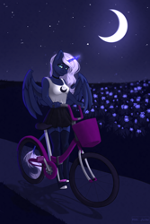 Size: 2000x3000 | Tagged: safe, artist:villjulie, imported from derpibooru, princess luna, alicorn, anthro, bicycle, choker, clothes, female, flower, mare, moon, night, skirt, solo, tanktop