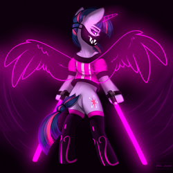 Size: 2300x2300 | Tagged: safe, artist:villjulie, imported from derpibooru, twilight sparkle, alicorn, pony, bipedal, clothes, face mask, female, k/da, mare, socks, solo, standing, twilight sparkle (alicorn)